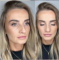 Kobieta o blond włosach pokazuje metamorfozę makijażu, podkreślając klasyczne przedłużanie rzęs metodą DIY na zdjęciu przed i po